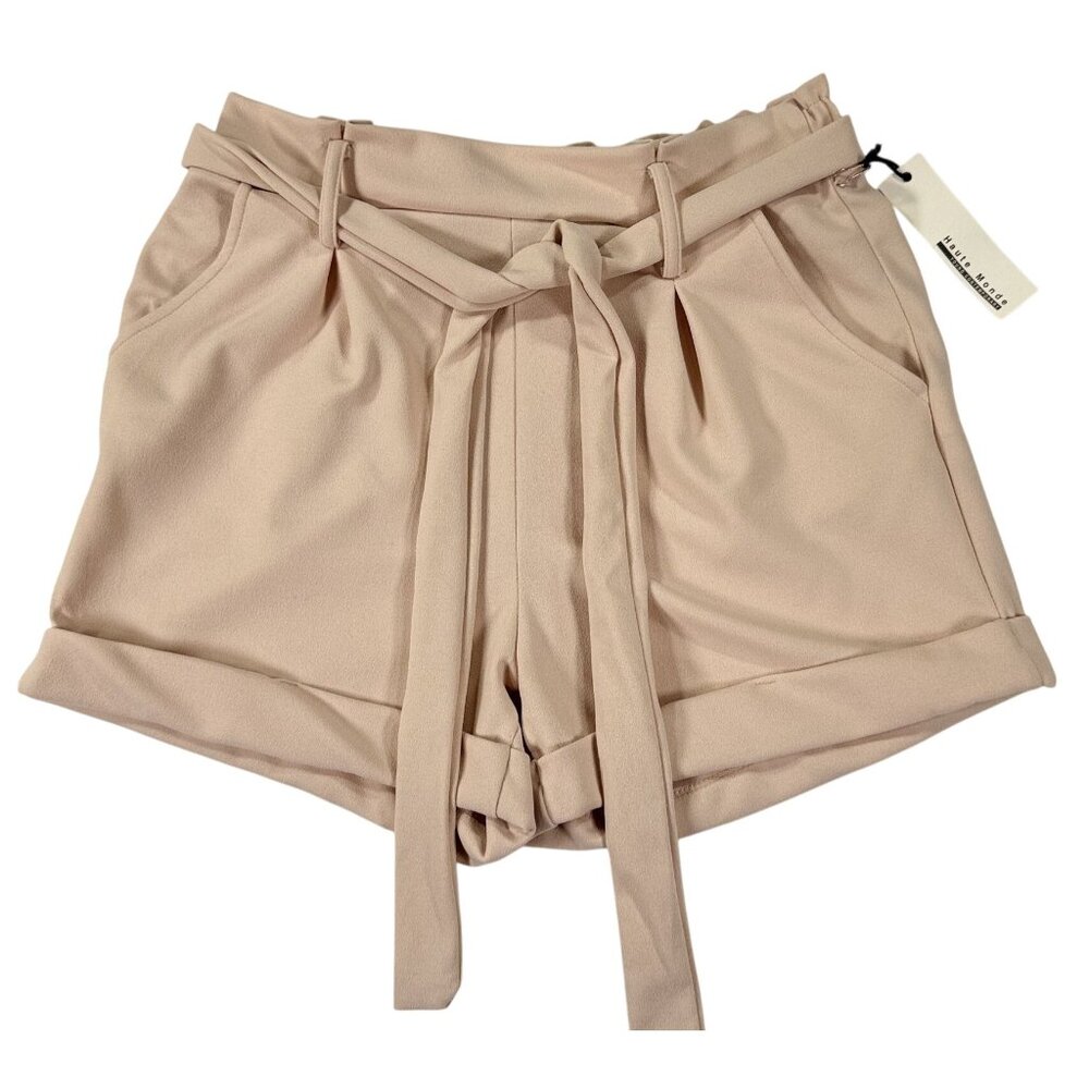 NWT HAUTE MONDE Pink High Waist Paperbag Shorts Elastic Waist Belt Sz M Cuffed